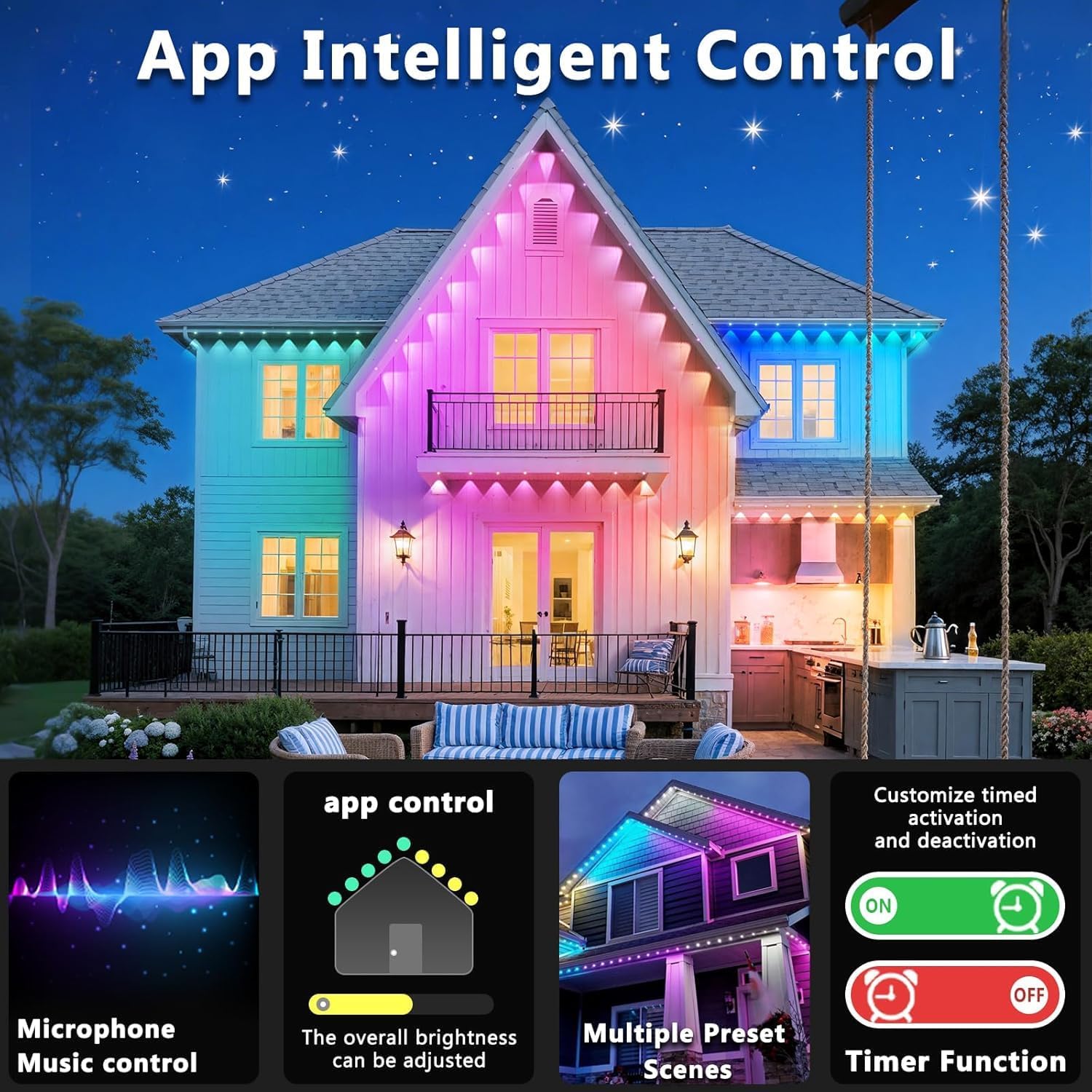 300FT/90M Permanent Outdoor RGB Lights, IP67 Waterproof Smart Eave Lighting, with App/Remote Control Eaves Light, DIY LED Scenes Modes for House Roof Decor,Party